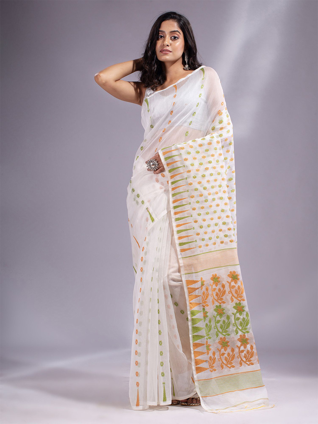 

Charukriti White & Orange Woven Design Silk Cotton Jamdani Saree