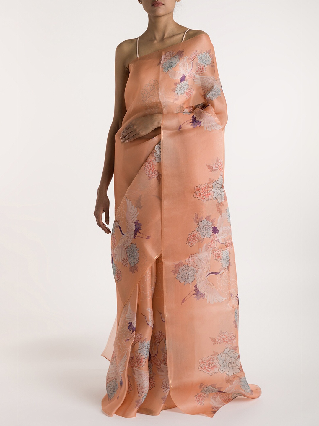 

Nalli Next Peach-Coloured & Blue Floral Zari Organza Saree