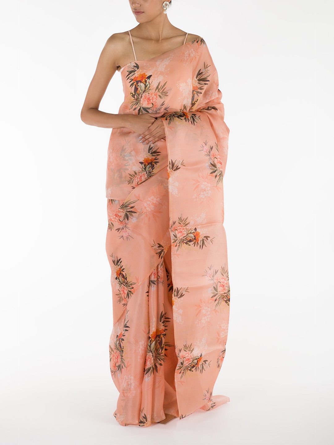 

Nalli Next Peach & Silver-Toned Floral Printed Organza Saree