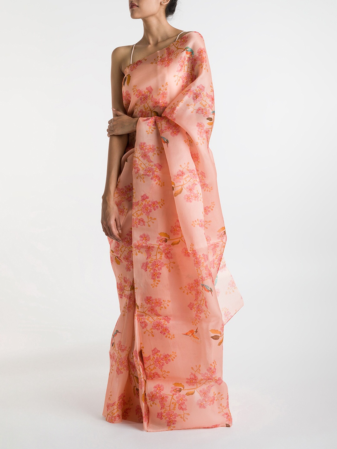 

Nalli Next Peach-Coloured & Pink Floral Organza Saree