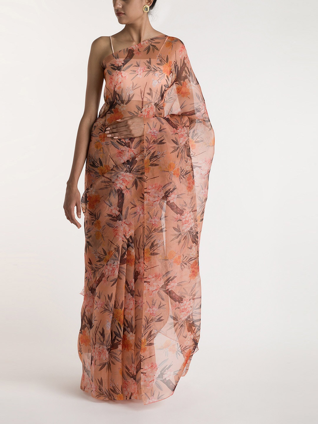 

Nalli Next Peach-Coloured & Silver-Toned Floral Organza Saree