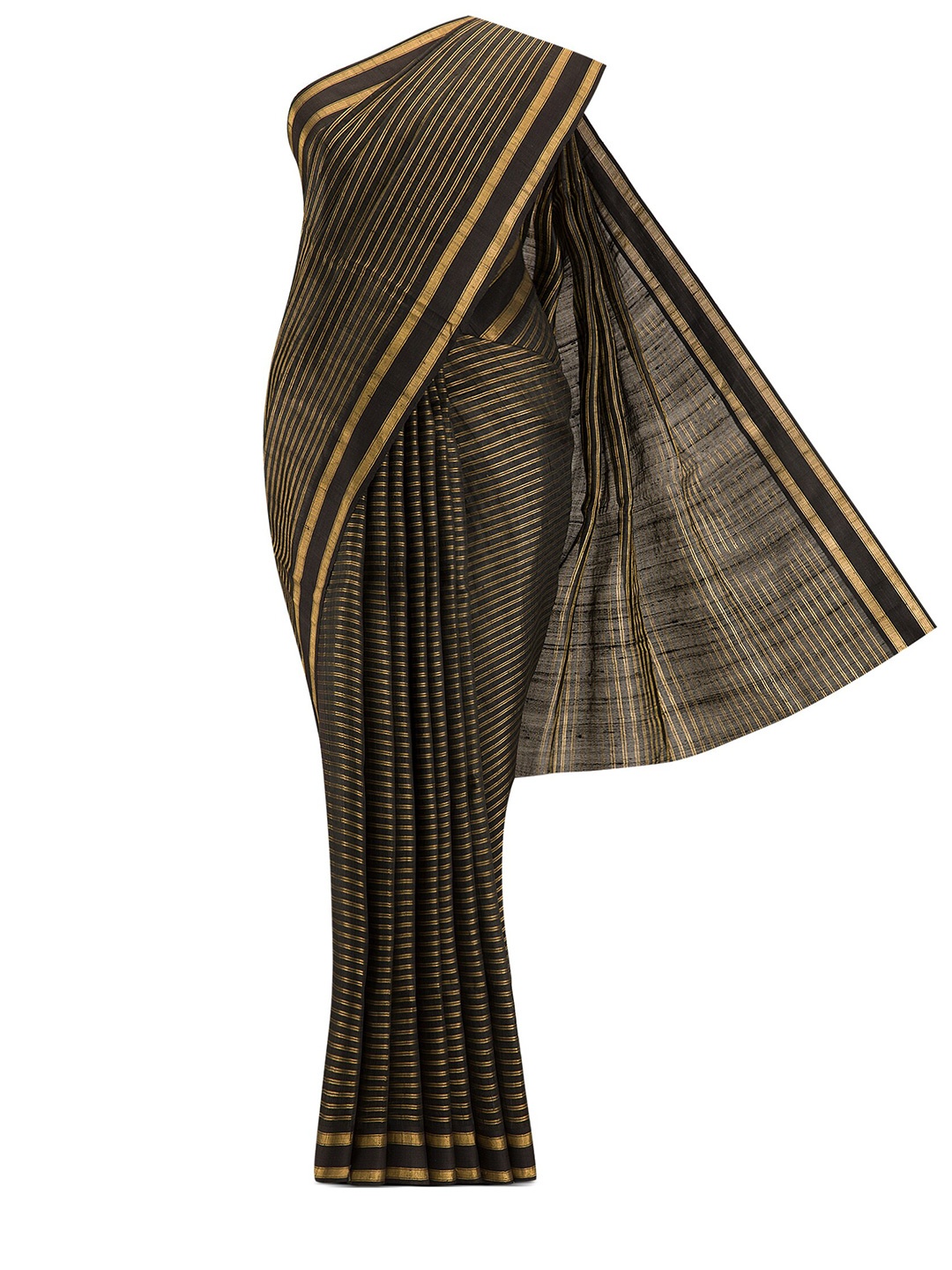 

Nalli Next Black & Gold-Toned Striped Zari Pure Silk Tussar Saree