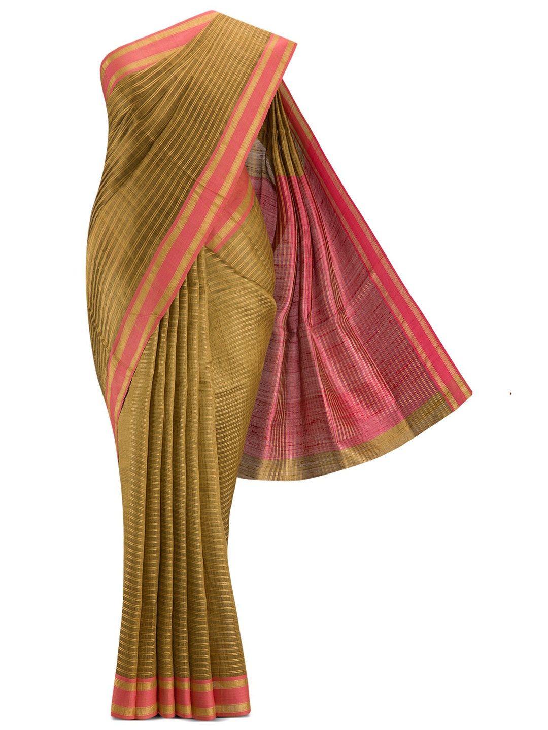 

Nalli Next Mustard & Pink Striped Zari Pure Silk Tussar Saree