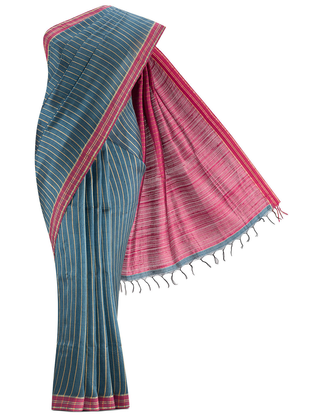 

Nalli Next Blue & Mauve Striped Zari Pure Silk Tussar Saree