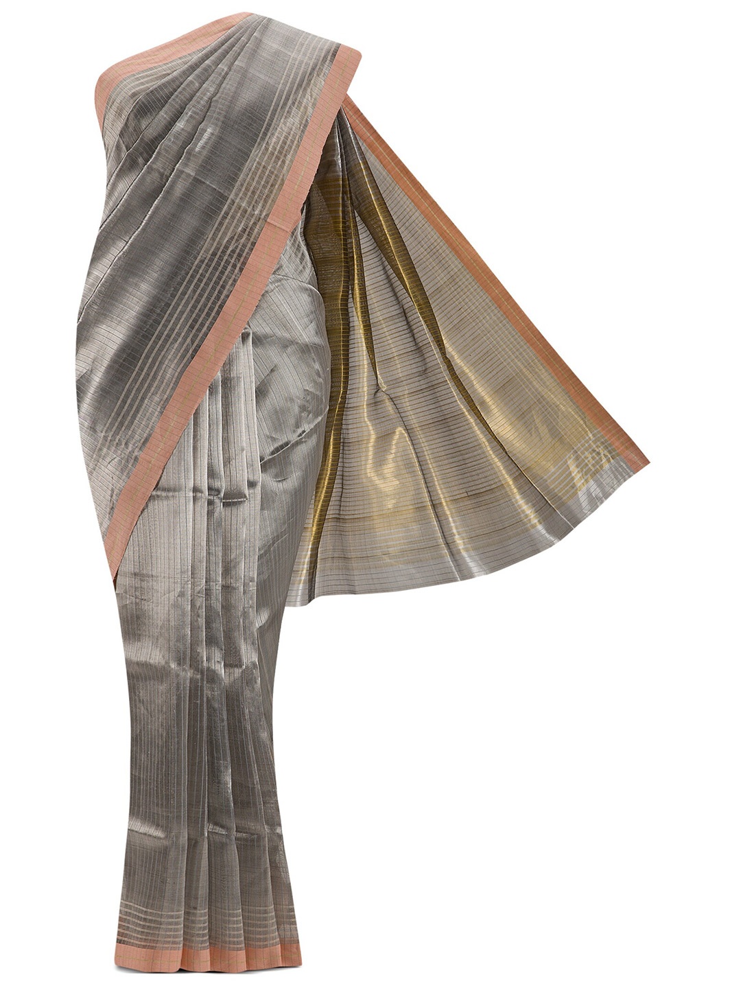 

Nalli Next Silver-Toned & Peach-Coloured Striped Zari Pure Silk Tussar Saree