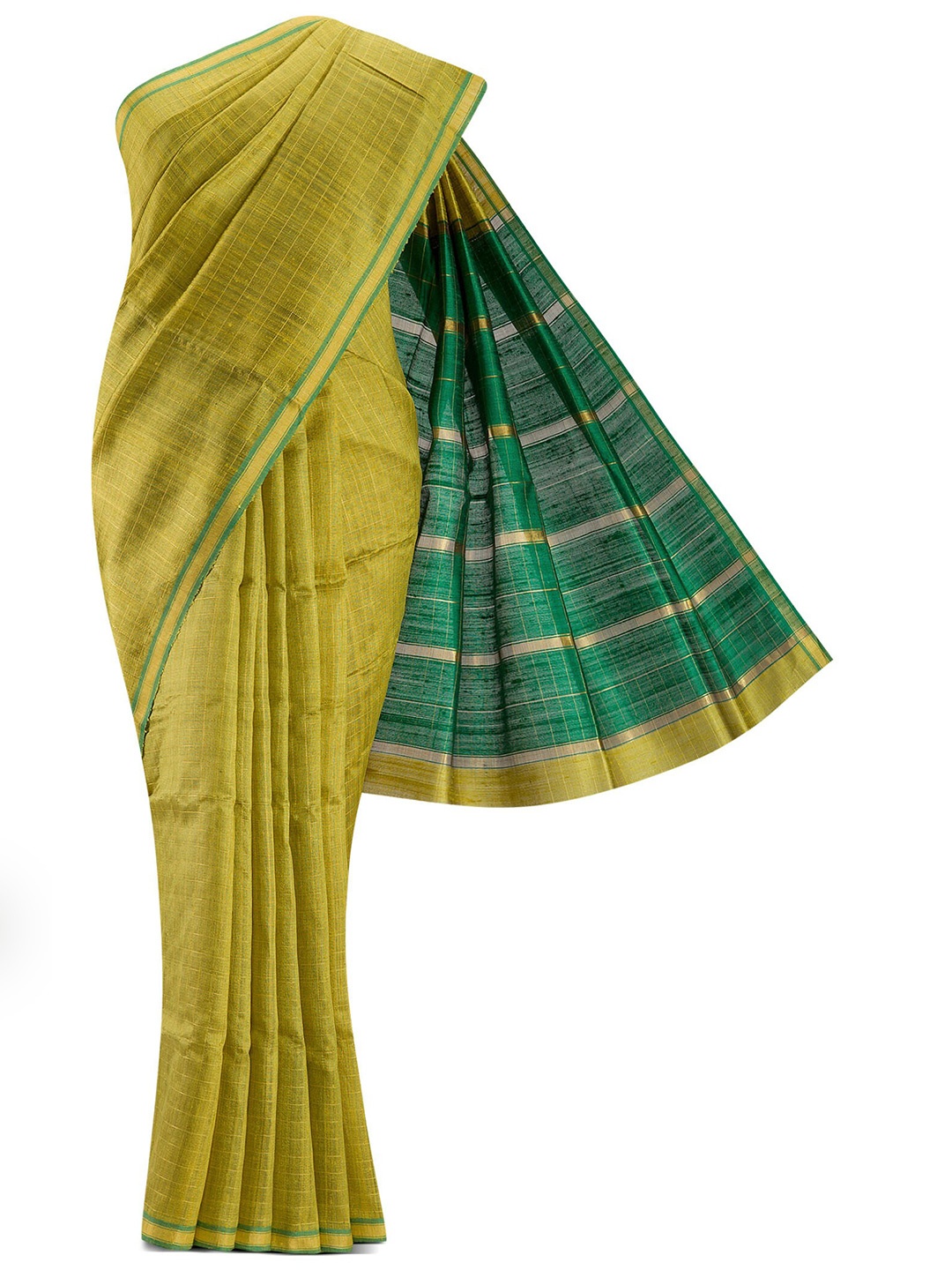 

Nalli Next Green & Gold-Toned Checked Zari Pure Silk Tussar Saree