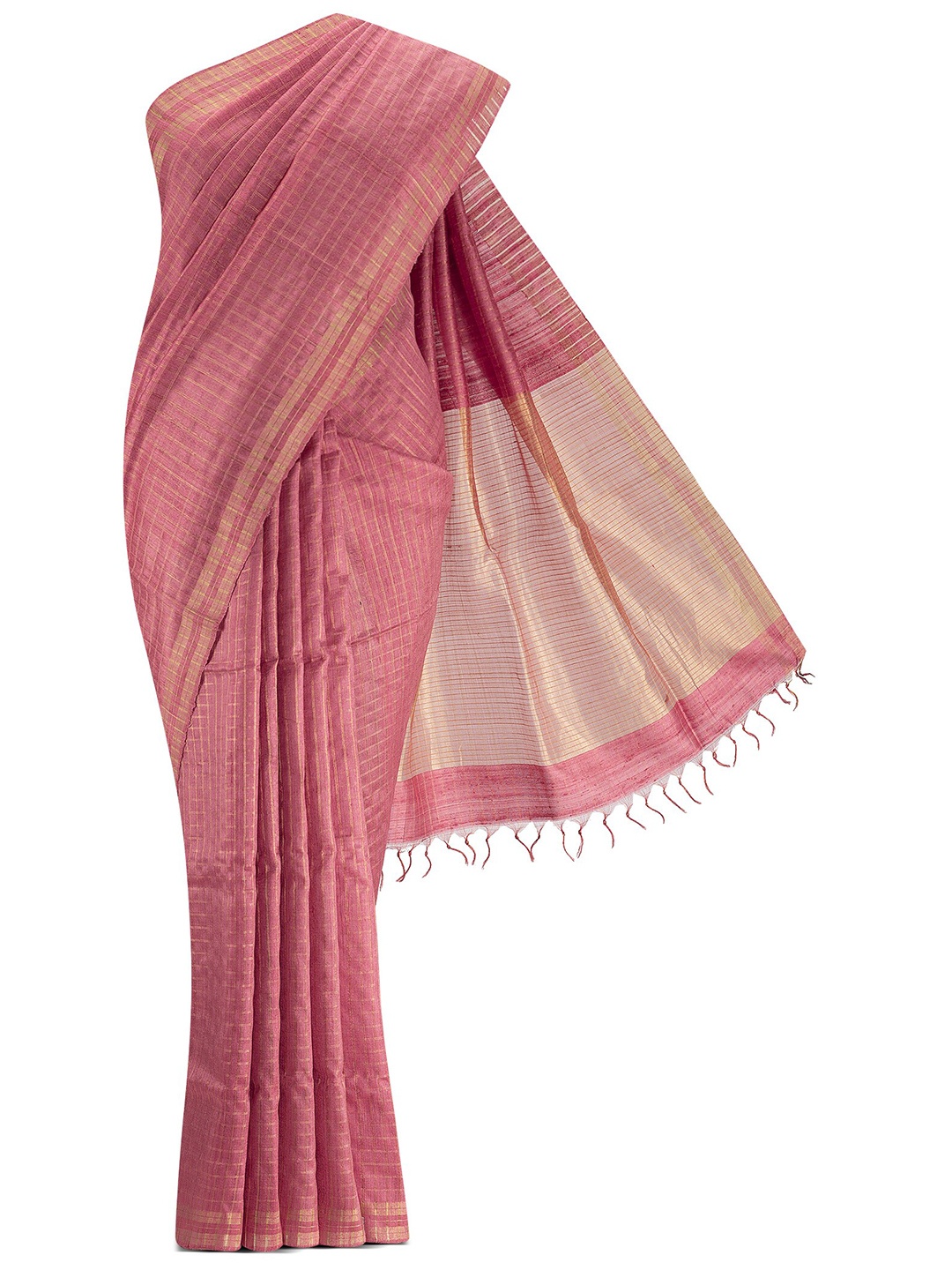 

Nalli Next Coral & Gold-Toned Checked Zari Pure Silk Tussar Saree