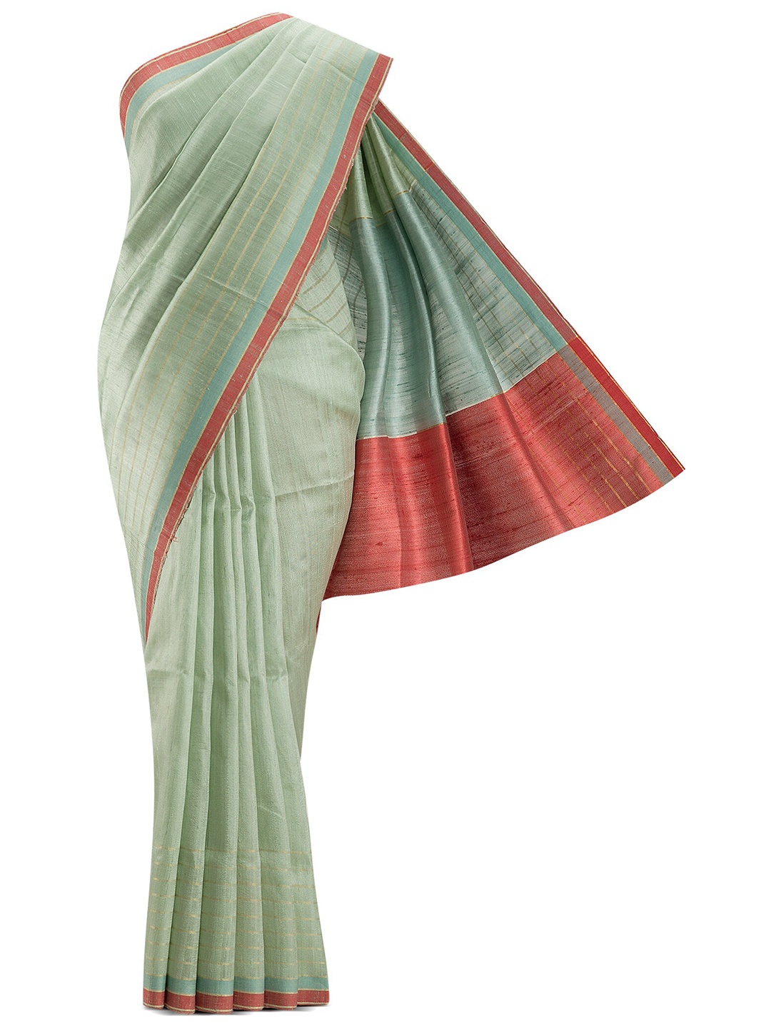 

Nalli Next Green & Red Striped Zari Pure Silk Tussar Saree