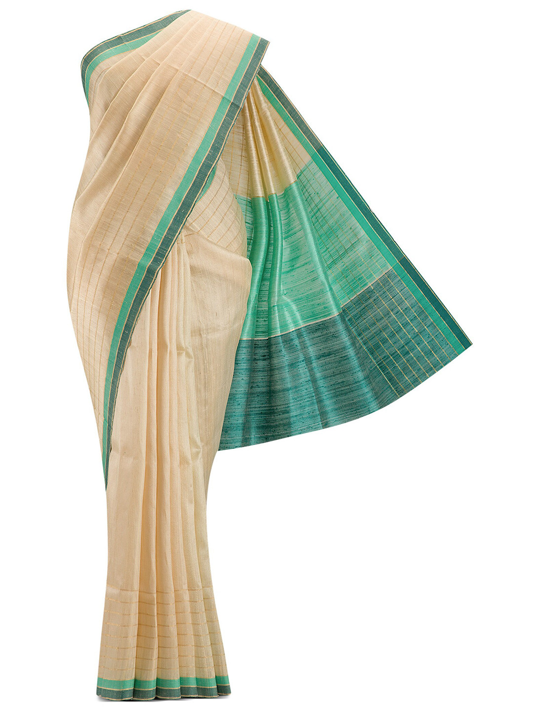

Nalli Next Cream-Coloured & Green Pure Silk Tussar Saree