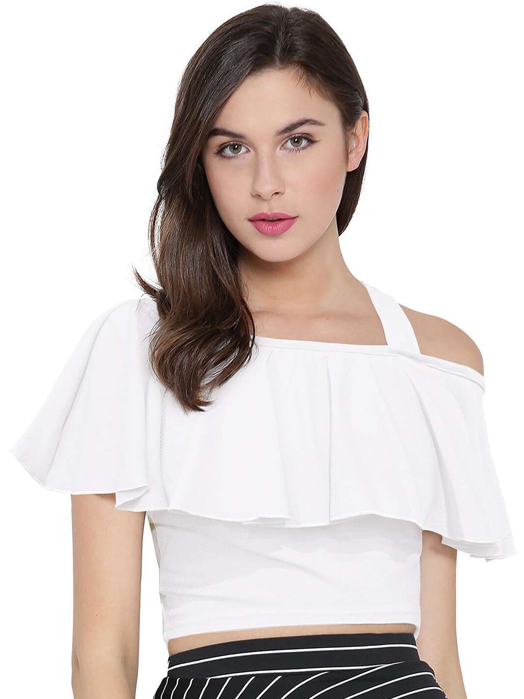 

FAVRIZ Women White Stylish Ruffle Crop Top