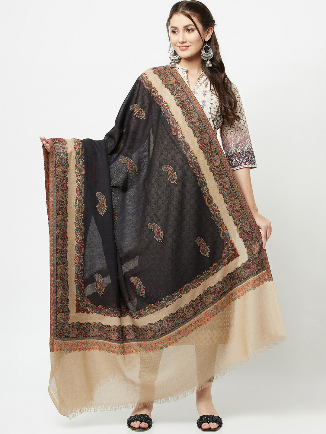 

La Vastraa Women Black & Beige Paisley Design Pure Wool Woven Shawl