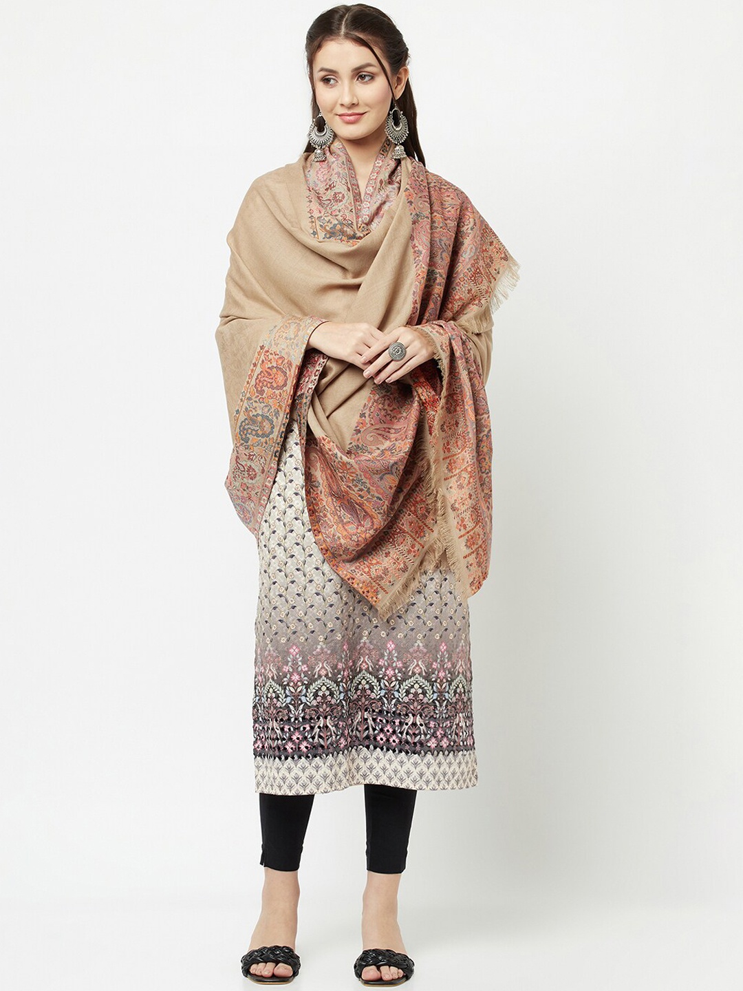 

La Vastraa Women Beige Colored Woven Design Pure Woolen Shawl