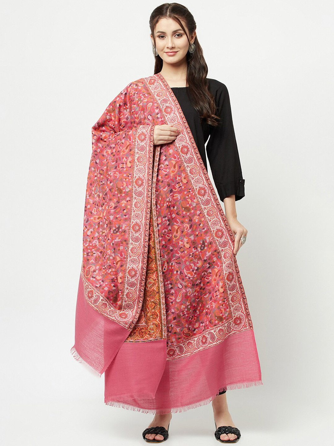 

La Vastraa Women Pink Floral Woven Pure Woolen Shawl