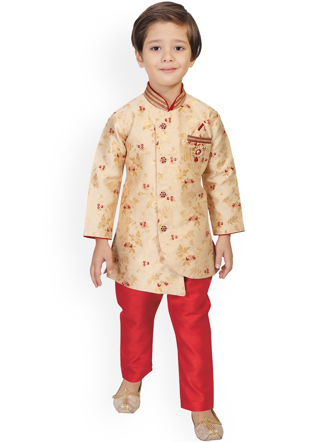 

KIDS FARM Boys Cream-Coloured Embroidered Layered Kurti With Pyjamas