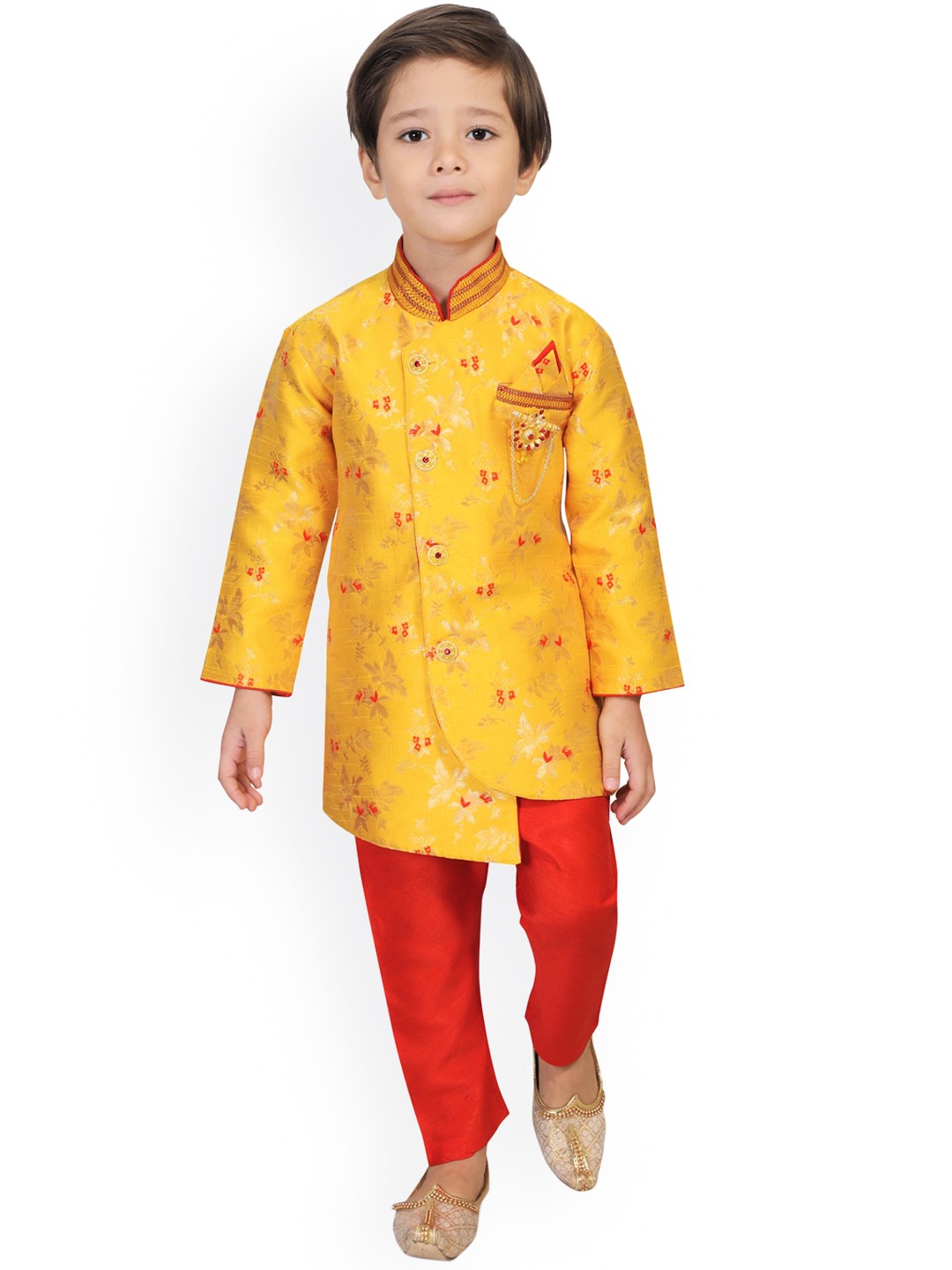 

KIDS FARM Boys Yellow Floral Embroidered Kurta with Trousers