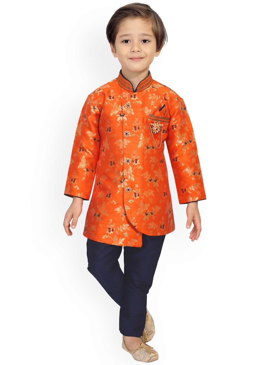 

KIDS FARM Boys Orange Floral Empire Kurti with Pyjamas