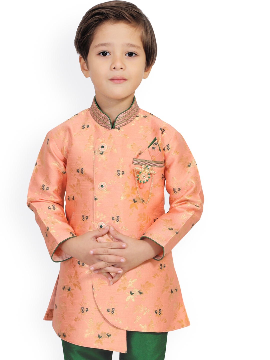 

KIDS FARM Boys Peach-Coloured Ethnic Motifs Angrakha Kurta with Pyjamas