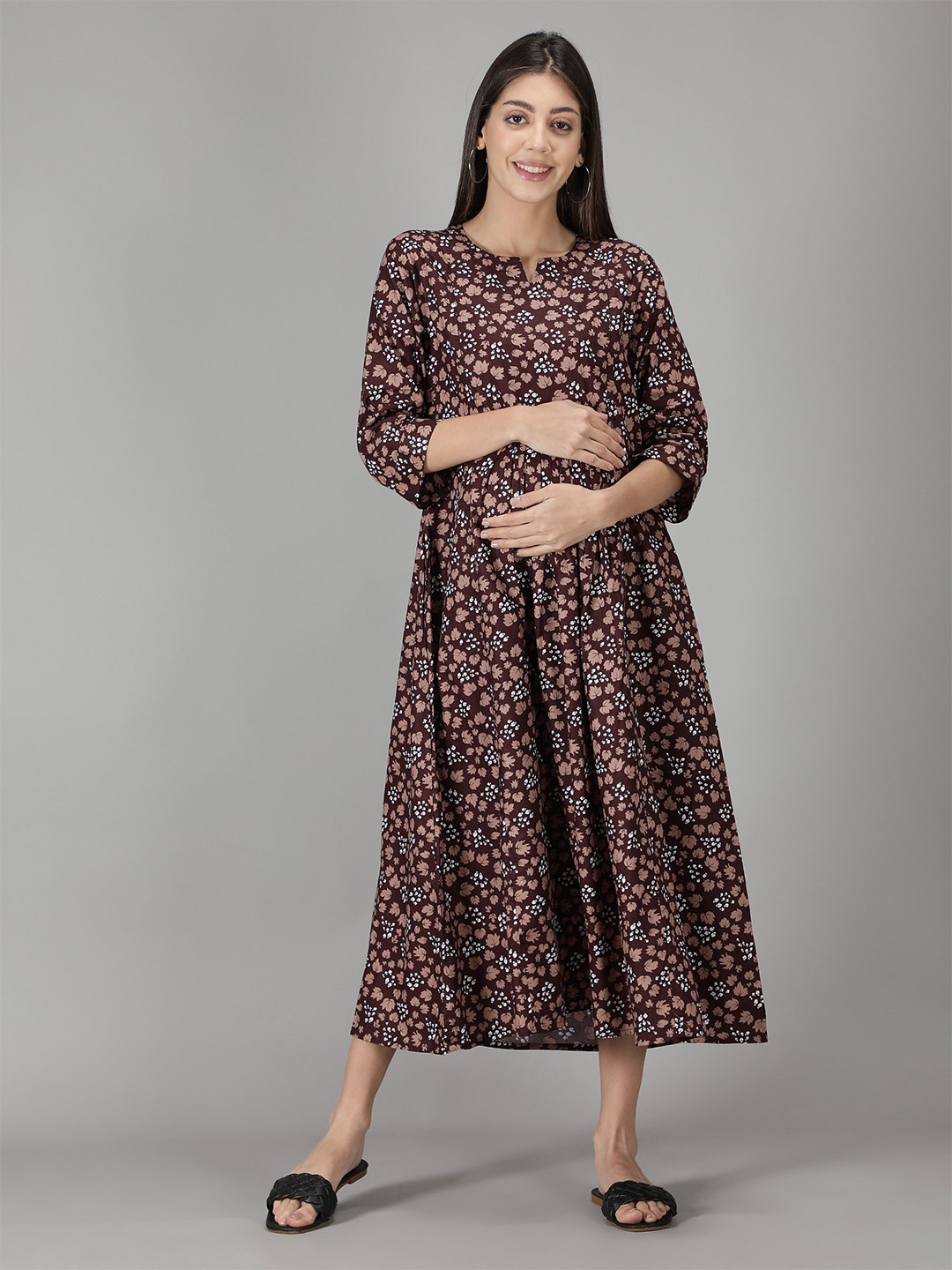 

NIGHTSPREE Women Brown Floral Maternity A-Line Midi Dress