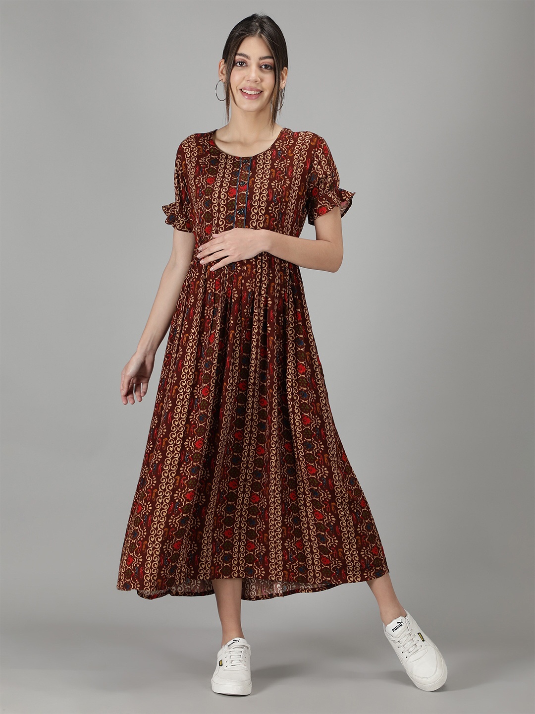 

NIGHTSPREE Brown Ethnic Motifs Maternity A-Line Midi Dress