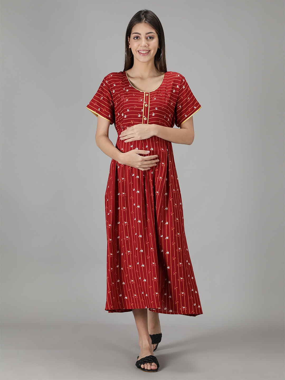 

NIGHTSPREE Red Ethnic Motifs Maternity Midi Dress