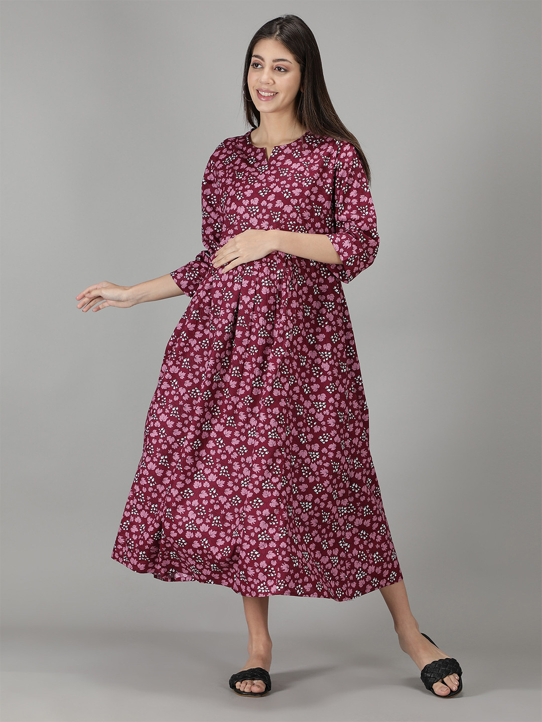 

NIGHTSPREE Rose Floral Maternity And Feeding A-Line Midi Dress