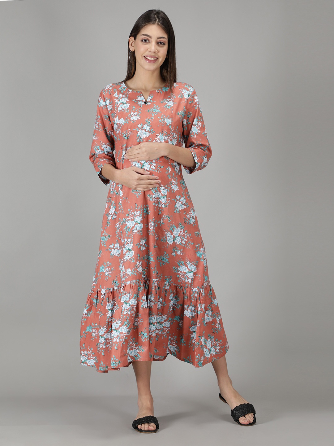 

NIGHTSPREE Peach-Coloured Floral Cotton Maternity And Feeding A-Line Midi Dress