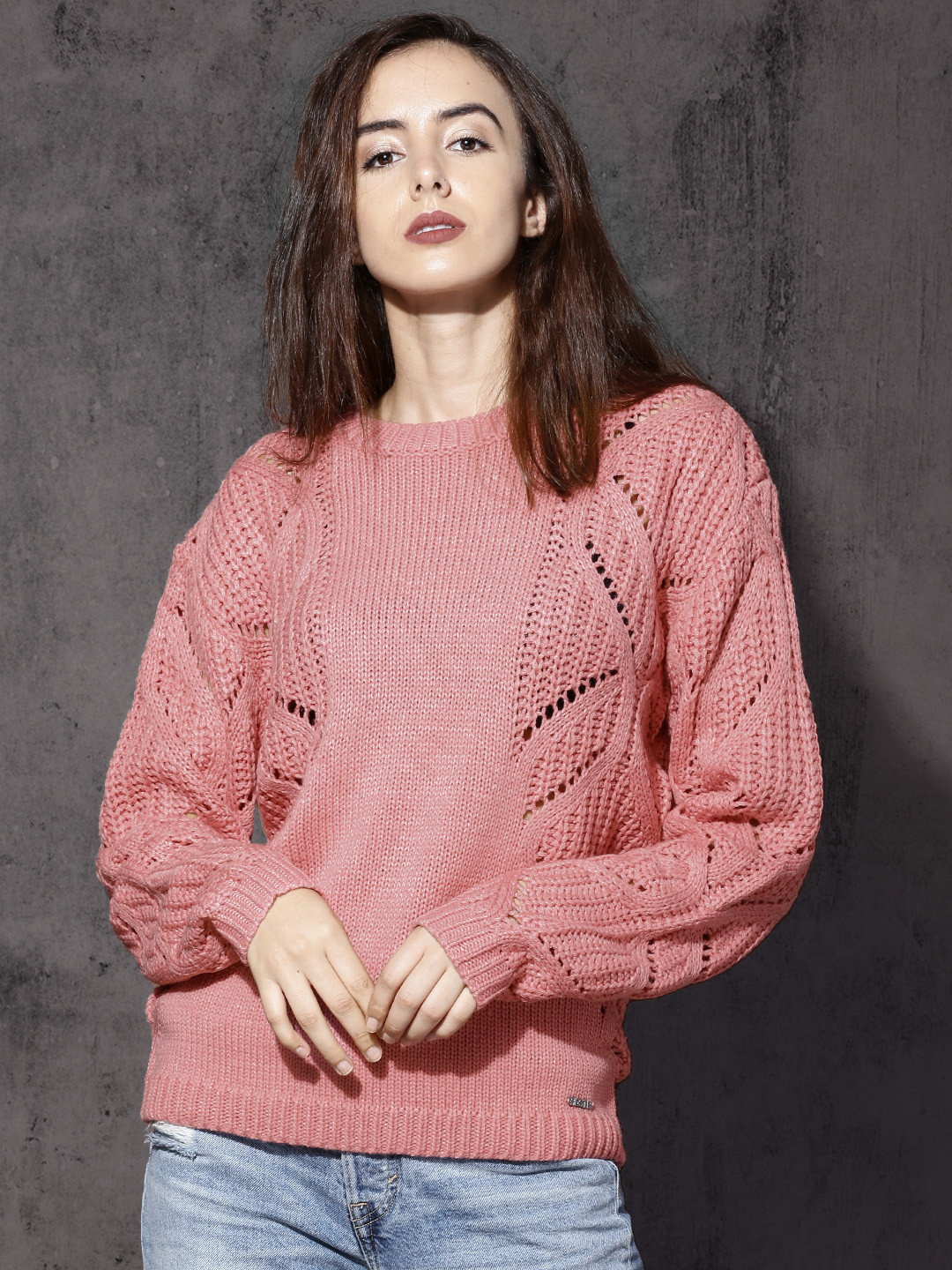 

Roadster Women Pink Self Design Pullover
