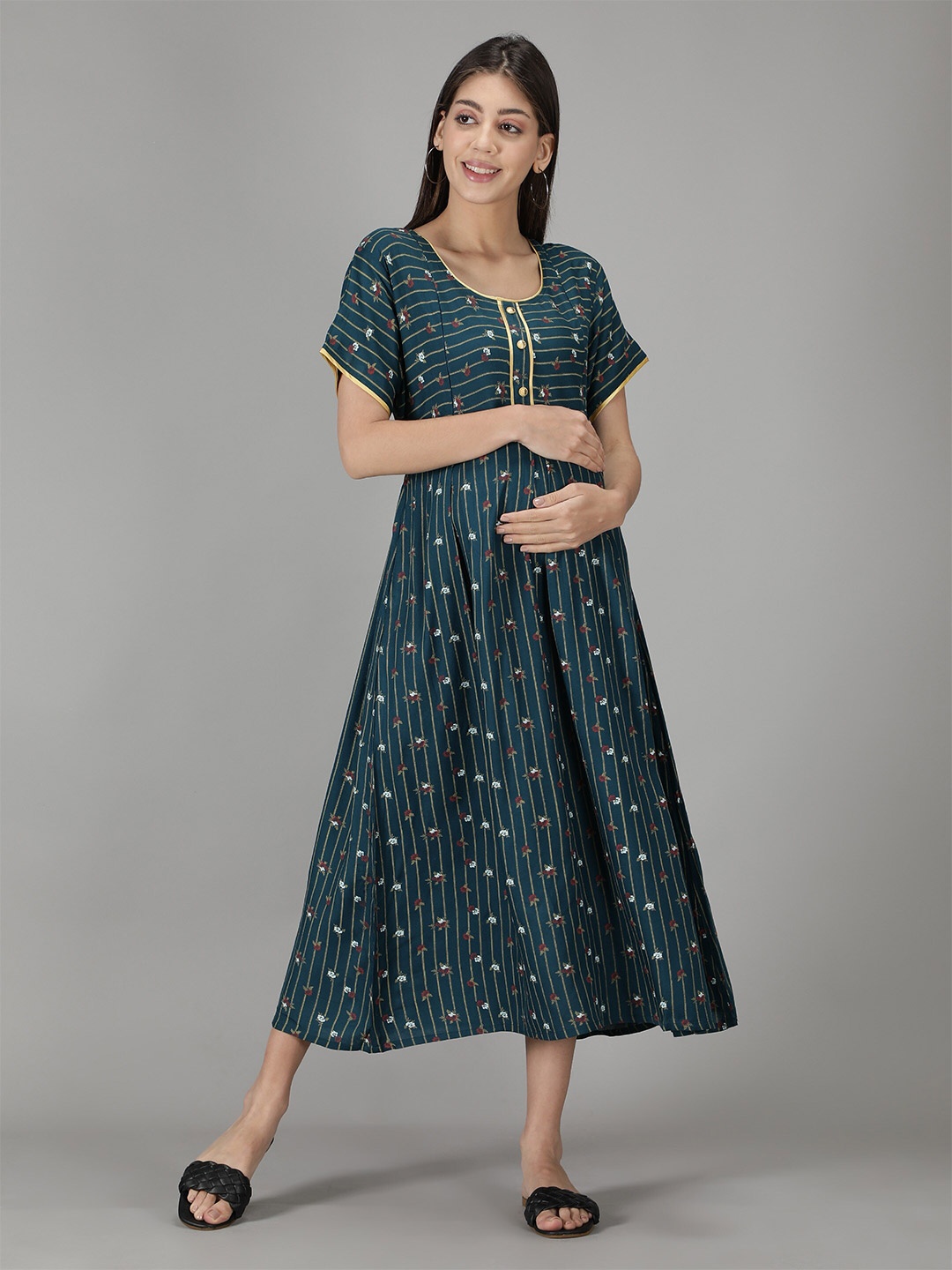 

NIGHTSPREE Turquoise Blue Floral Maternity A-Line Midi Dress