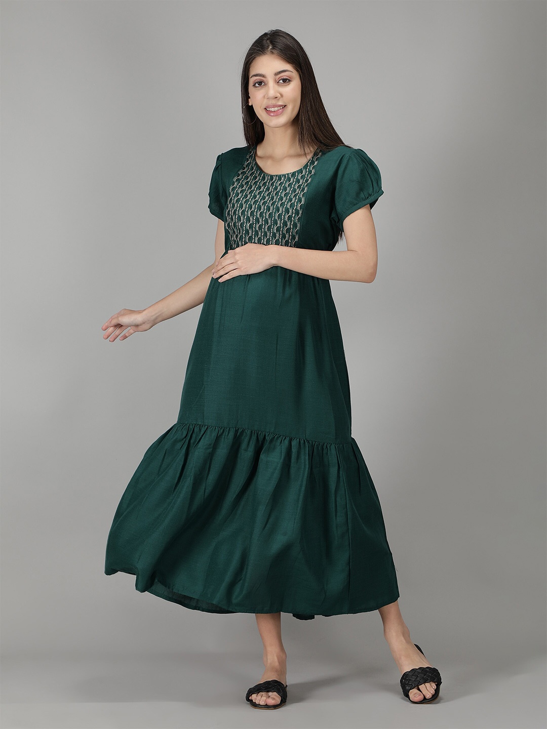 

NIGHTSPREE Women Green Yoke Embroidered Layered Maternity Midi Dress