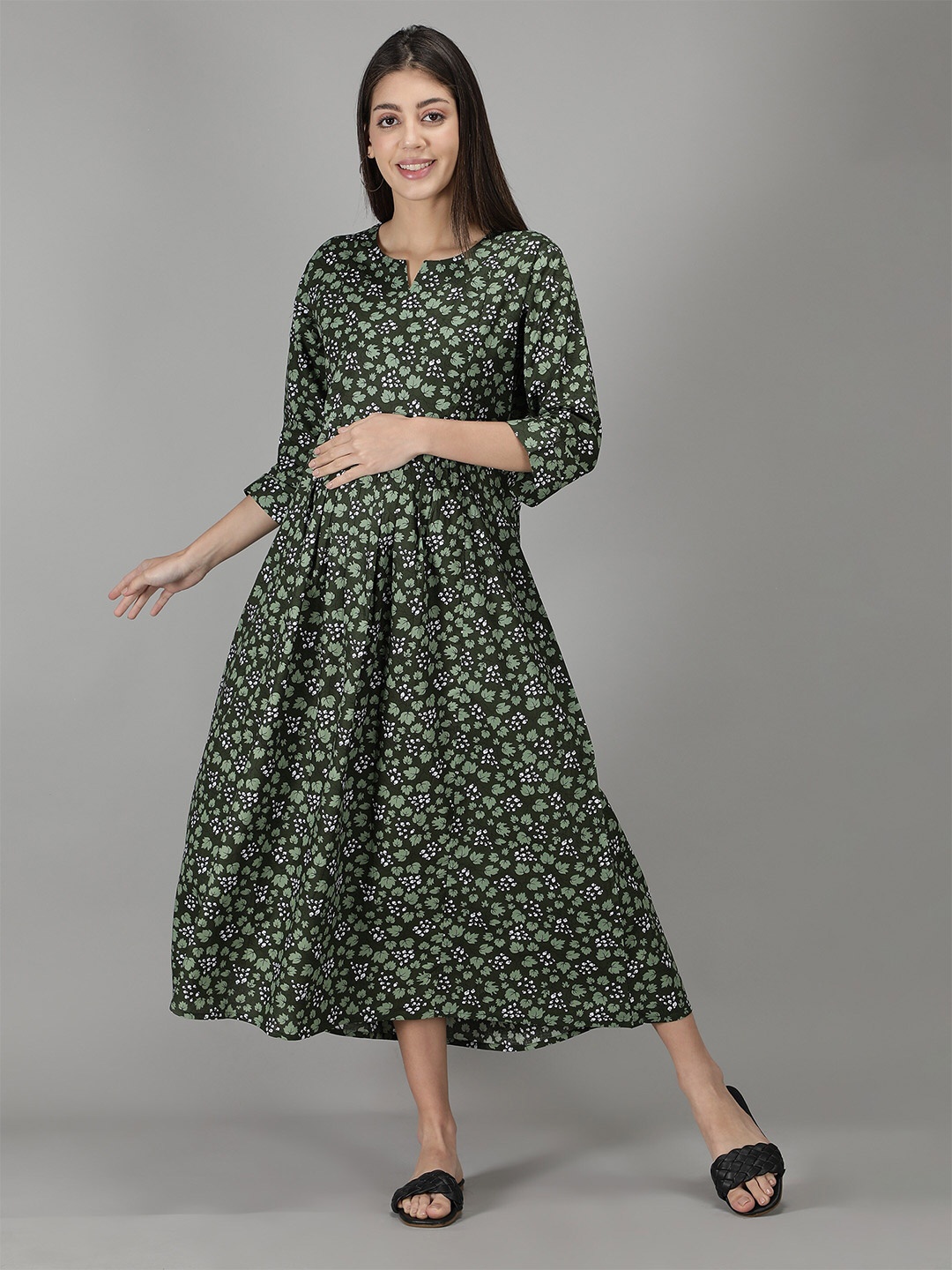 

NIGHTSPREE Women Green Floral Maternity And Feeding A-Line Midi Dress