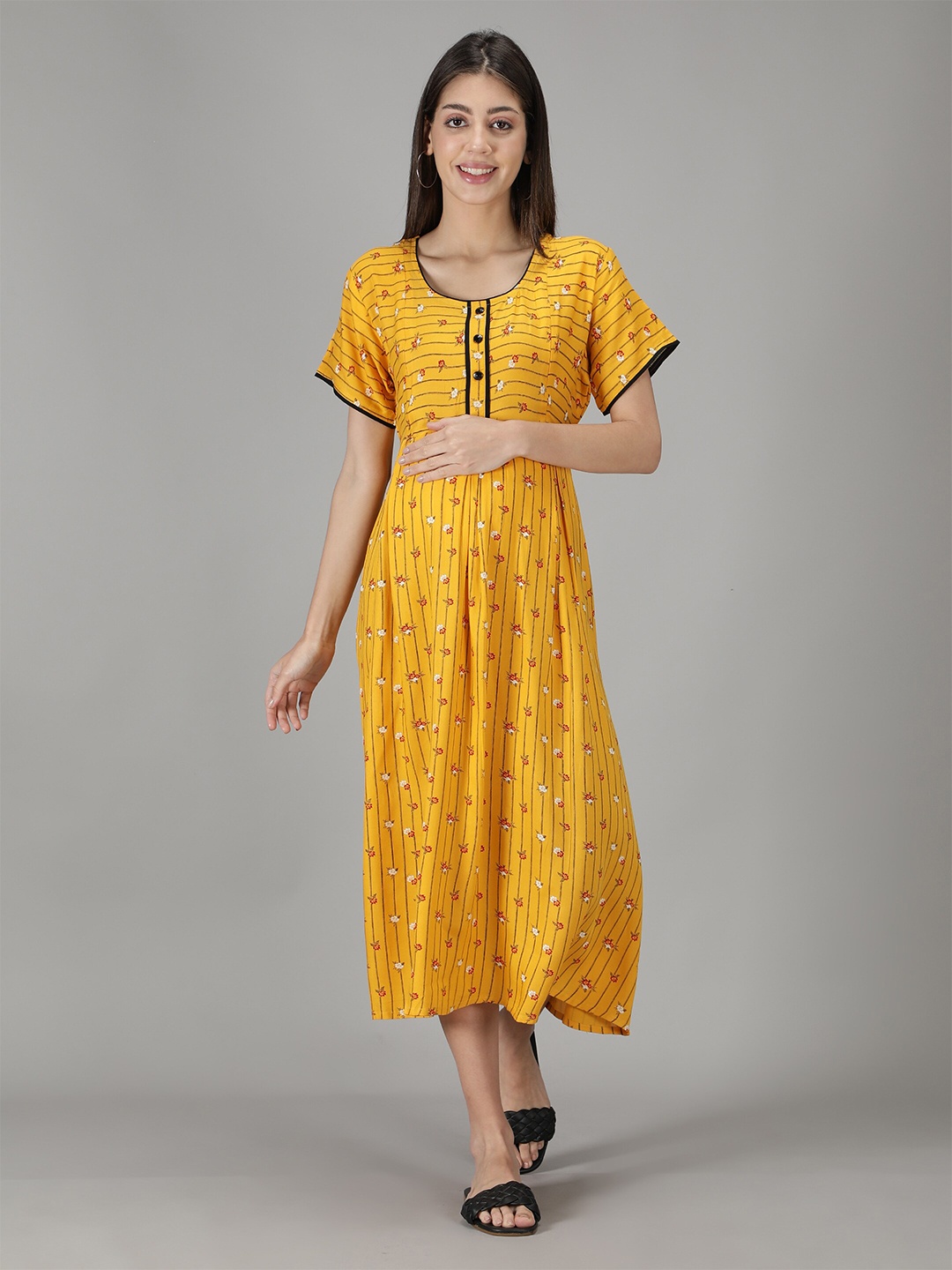 

NIGHTSPREE Yellow Ethnic Motifs Maternity A-Line Midi Dress