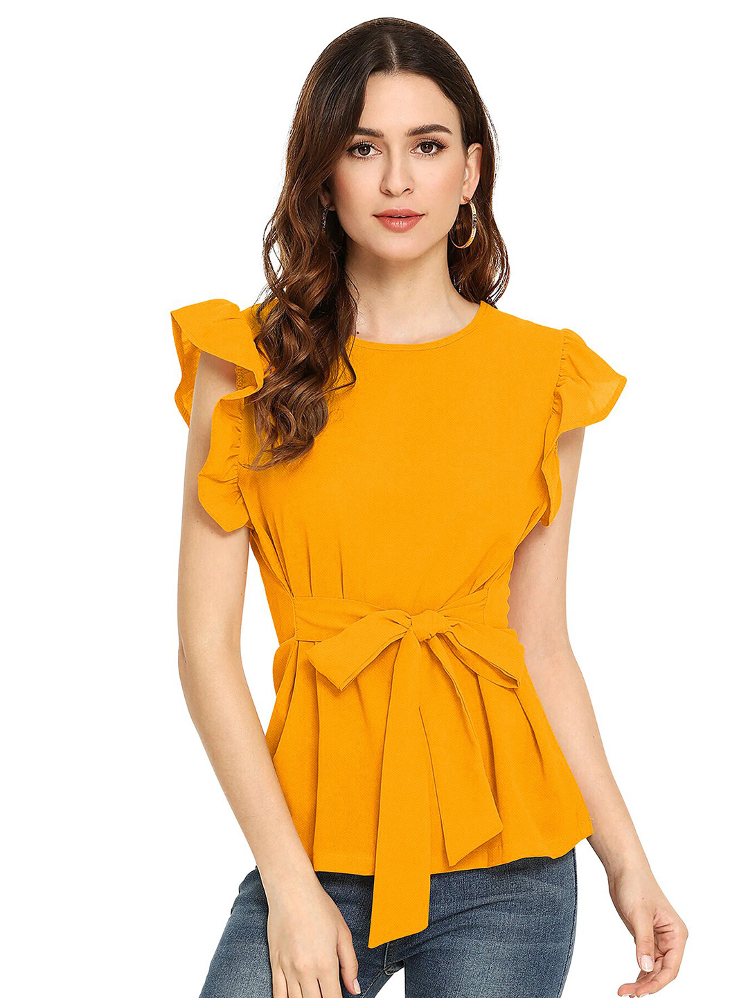 

FAVRIZ Flutter sleeve Tie-Up Top, Mustard