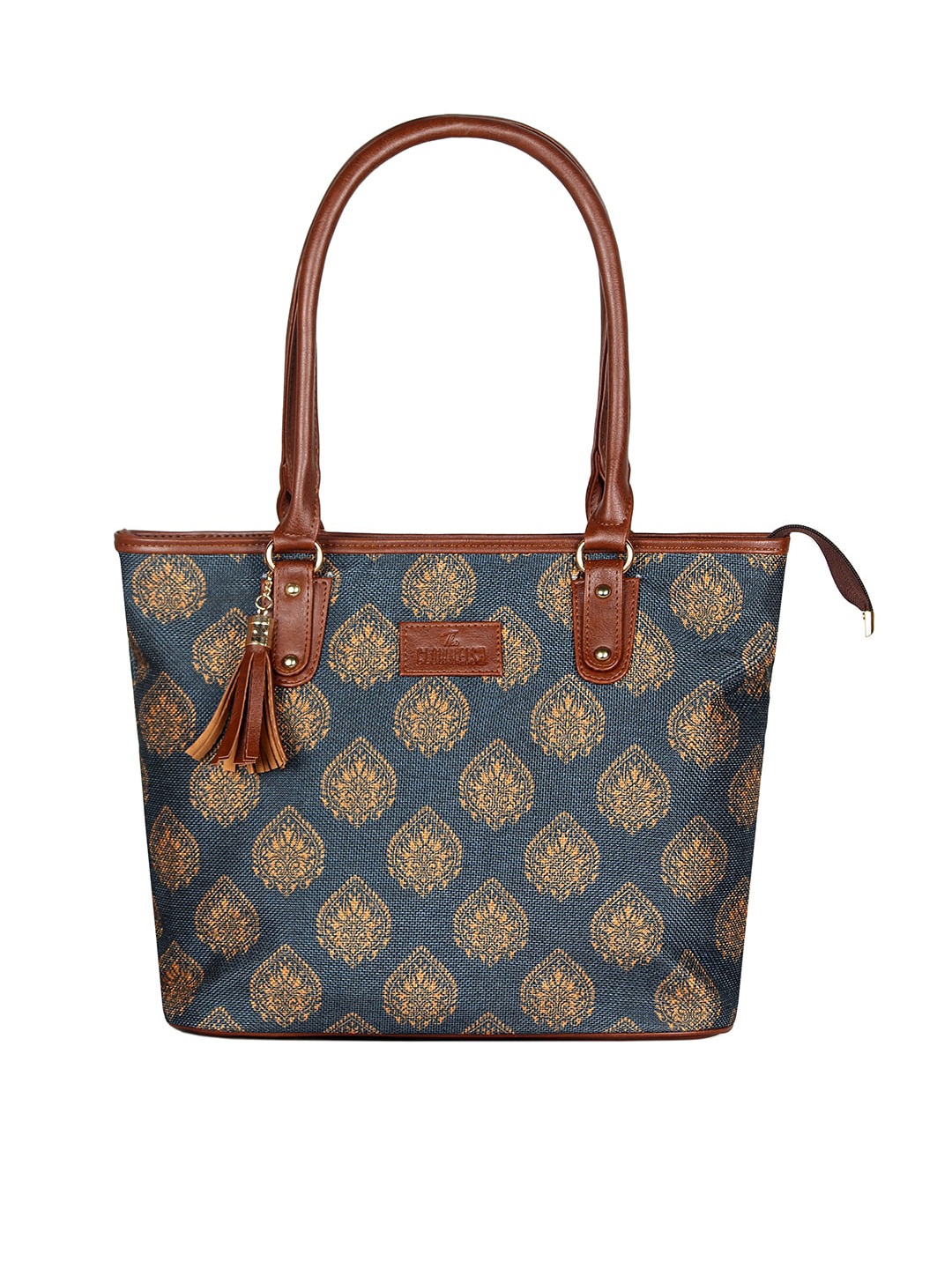 

THE CLOWNFISH Blue Ethnic Motifs Printed Bucket Tote Bag with Tasselled