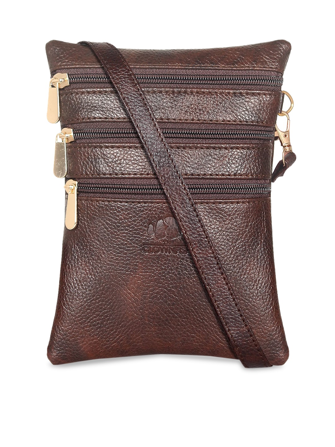 

THE CLOWNFISH Brown Leather Swagger Sling Bag with Applique