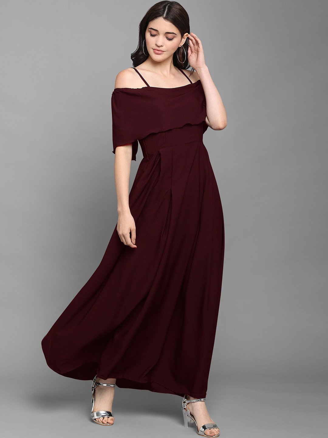 

SHEETAL Associates Maroon Off-Shoulder Crepe Maxi Dress