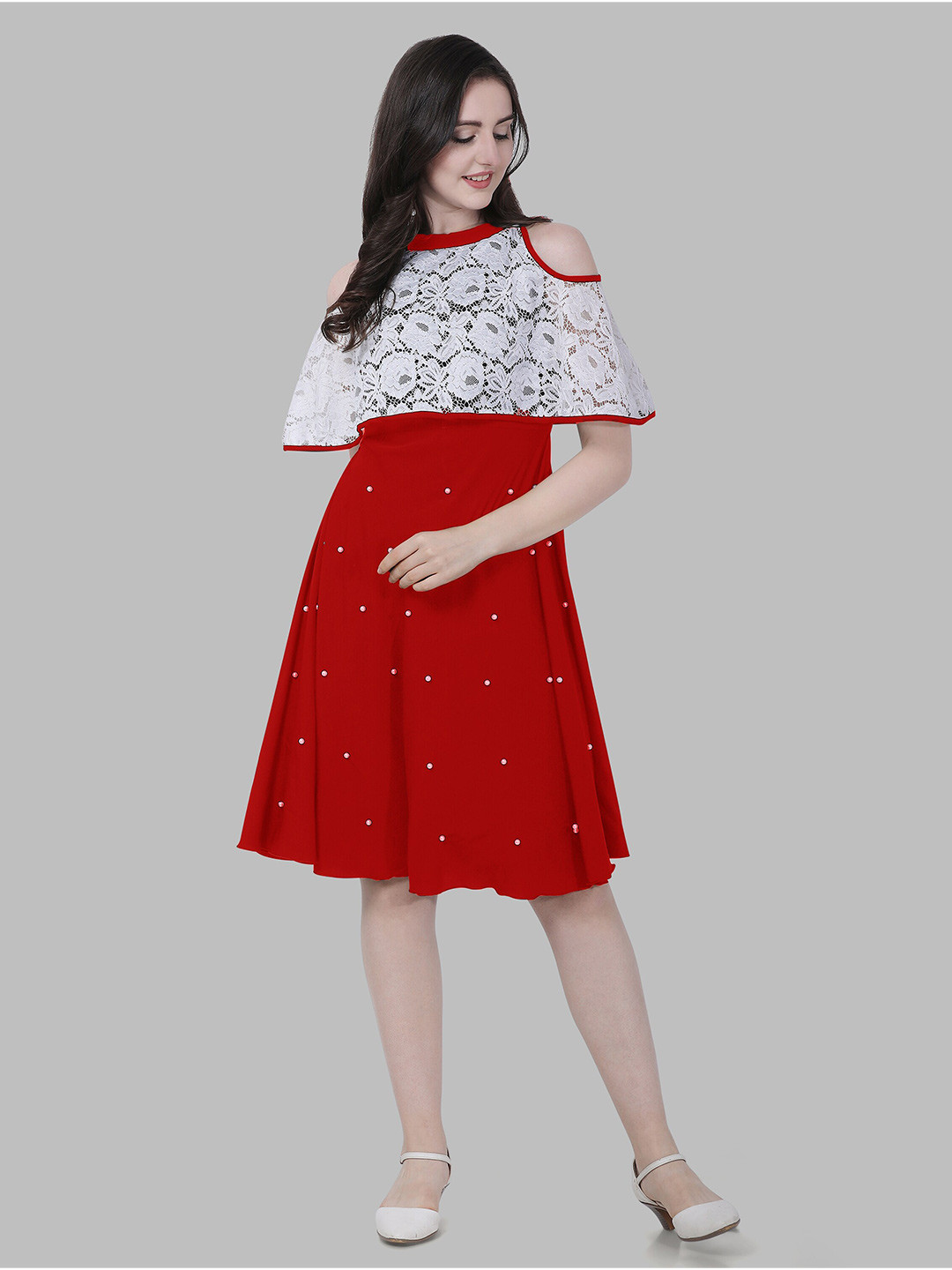 

SHEETAL Associates Red & White Embellished Crepe A-Line Dress