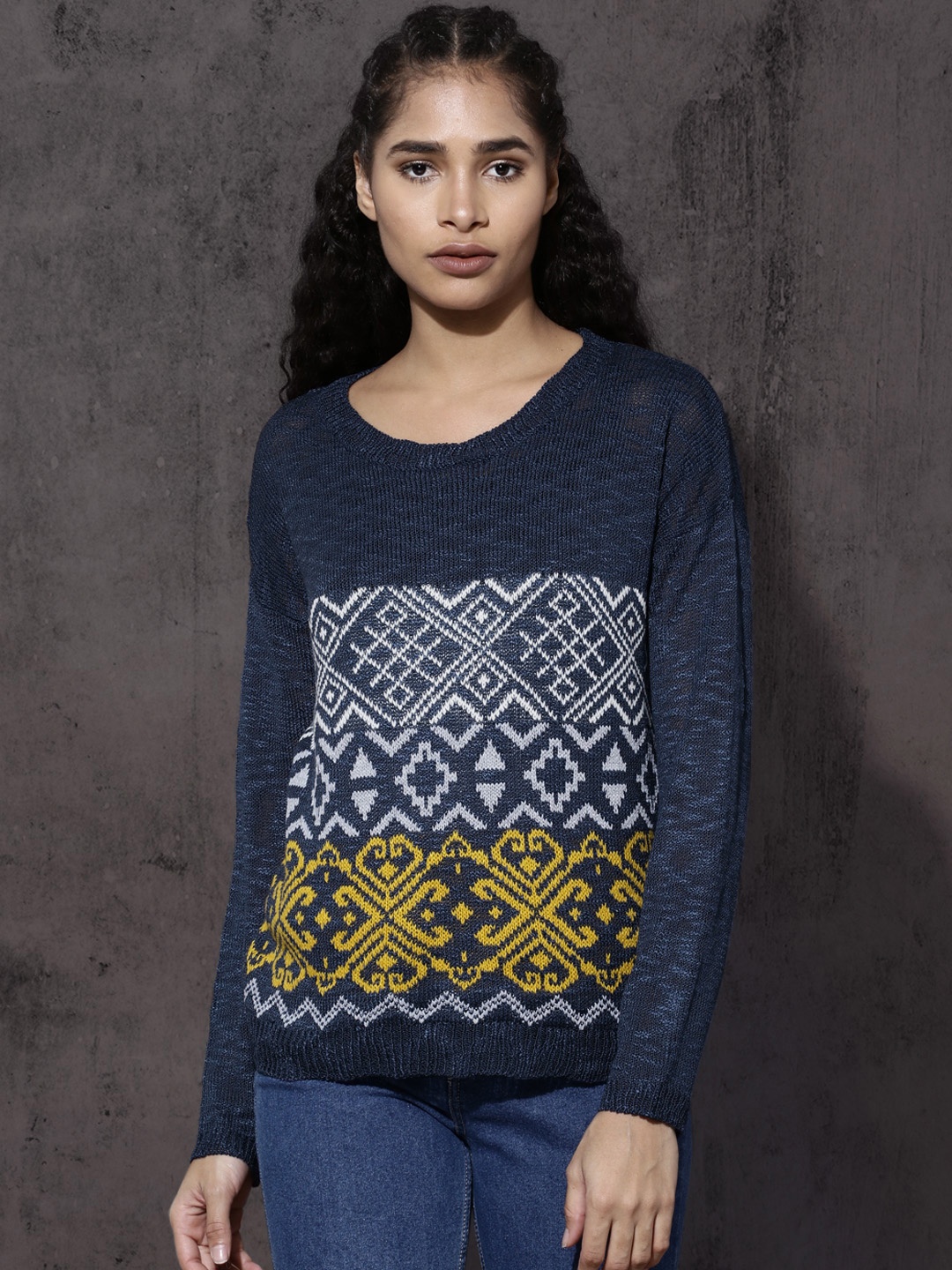 

Roadster Women Navy Blue & White Self Design Pullover