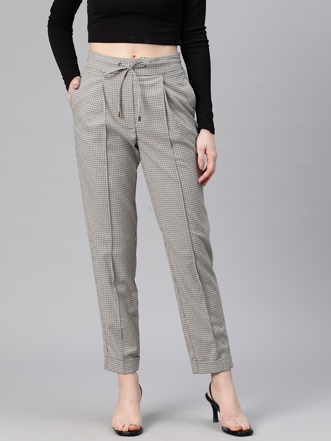 

Marks & Spencer Women Tapered Checked High-Rise Pleated Trousers, Off white