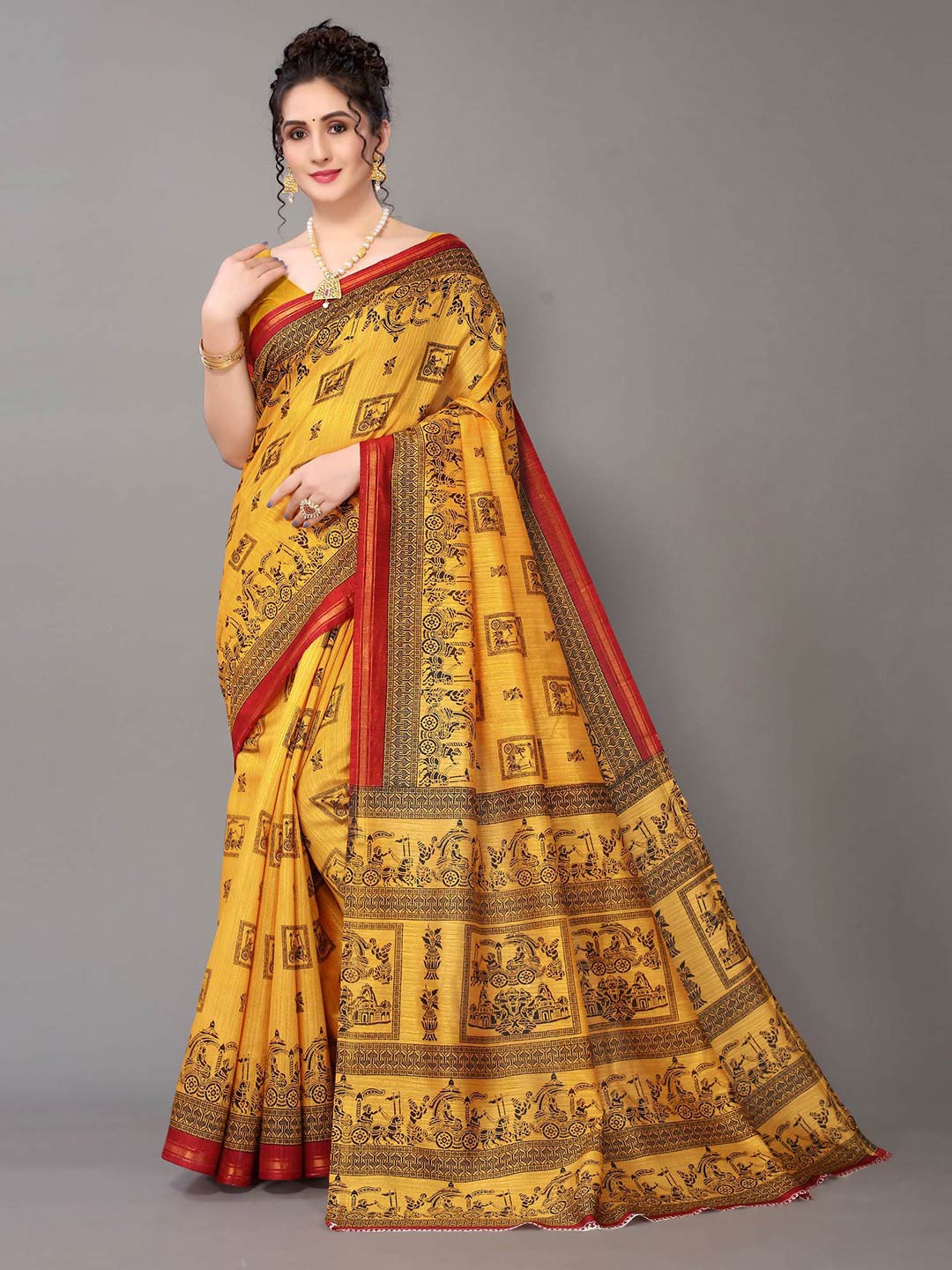 

HRITIKA Yellow & Black Ethnic Motifs Zari Art Silk Saree