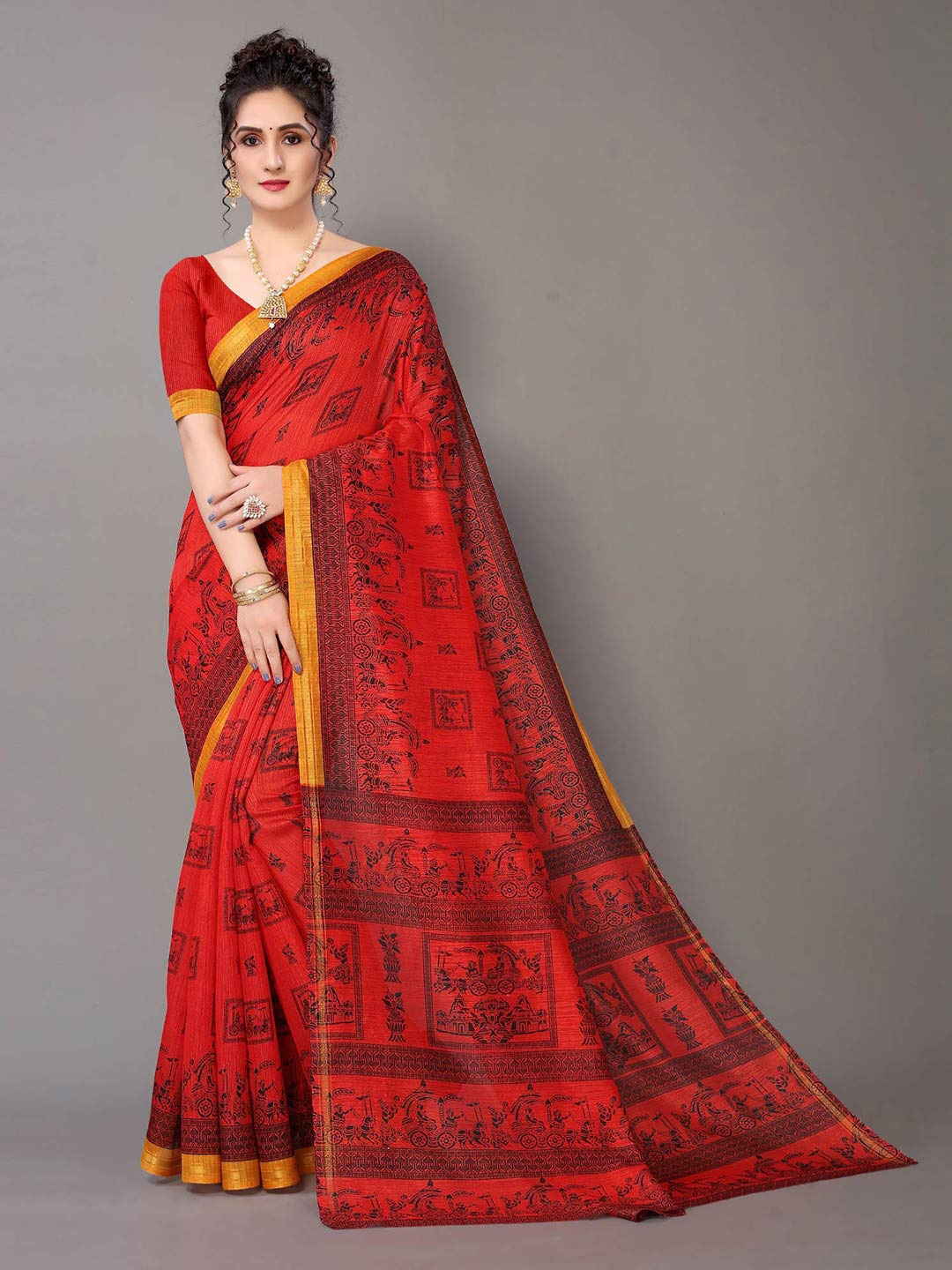 

HRITIKA Red & Gold-Toned Ethnic Motifs Zari Art Silk Saree