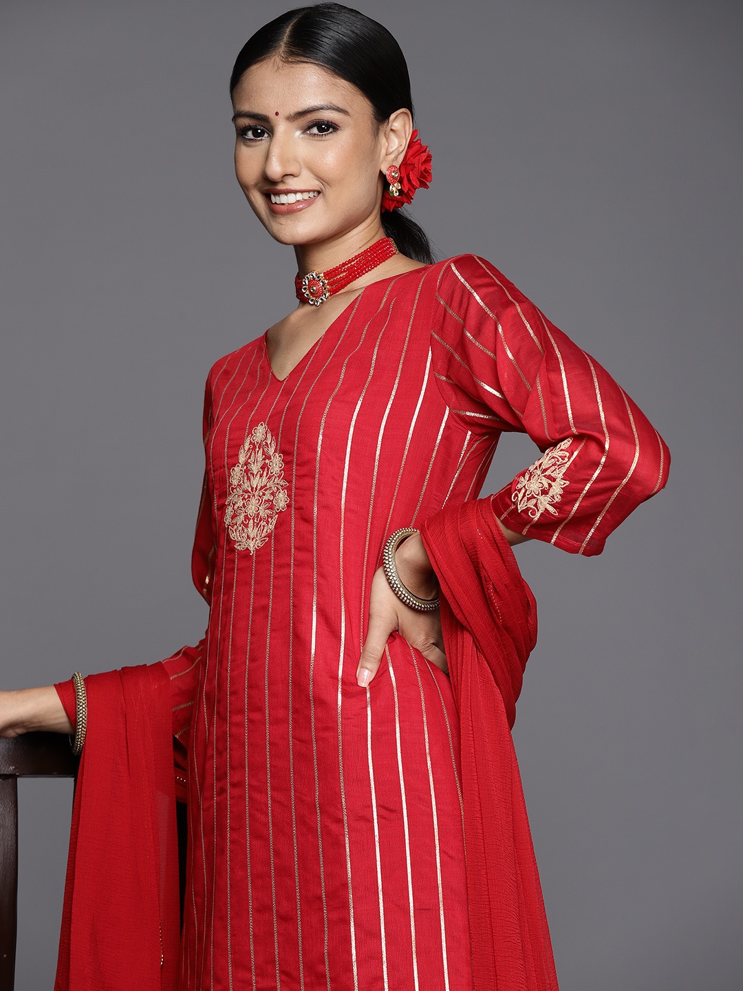 

Varanga Women Red Floral Embroidered Kurta with Trousers & With Dupatta