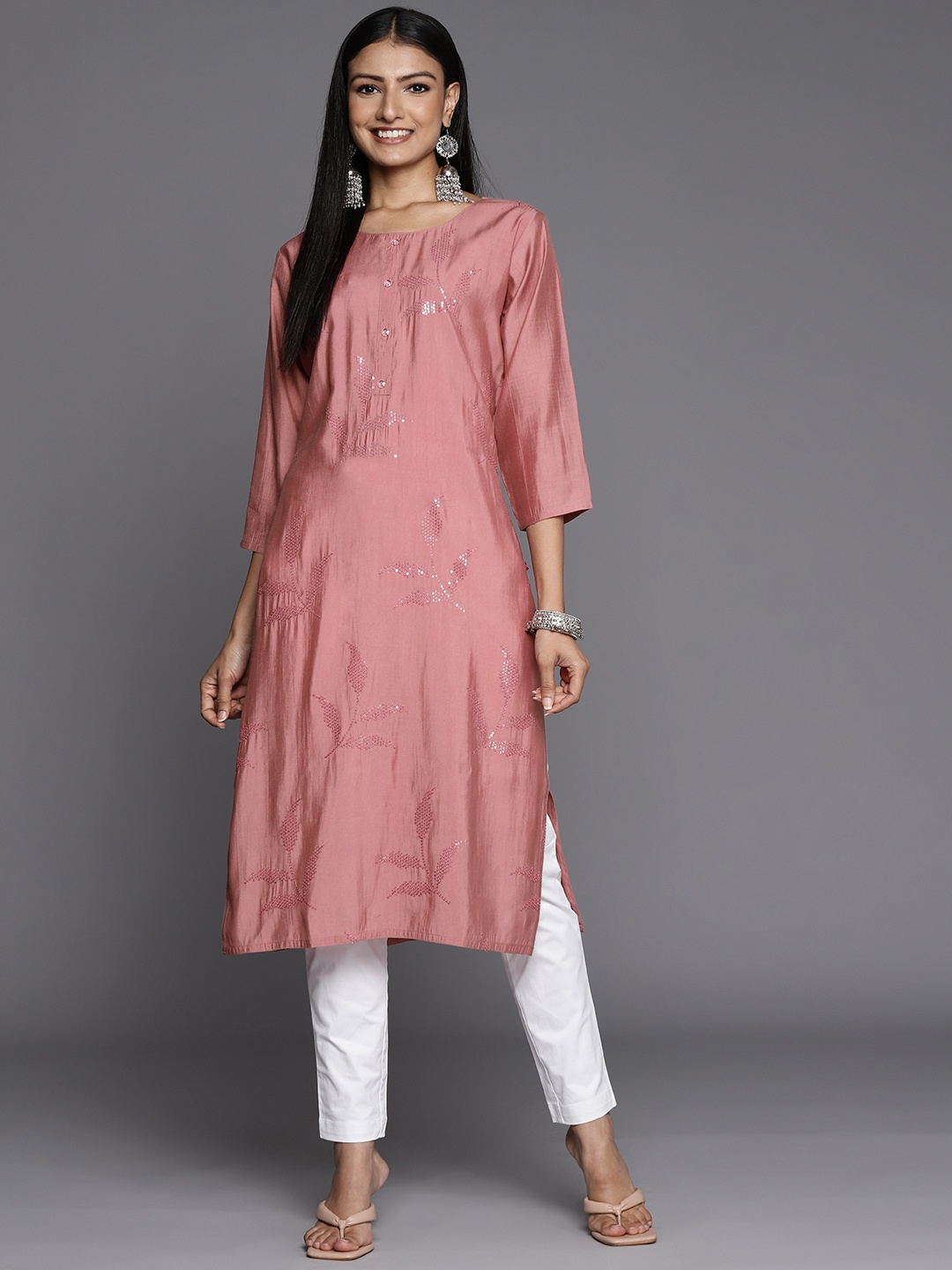 

Varanga Women Peach-Coloured Embellished Kurta
