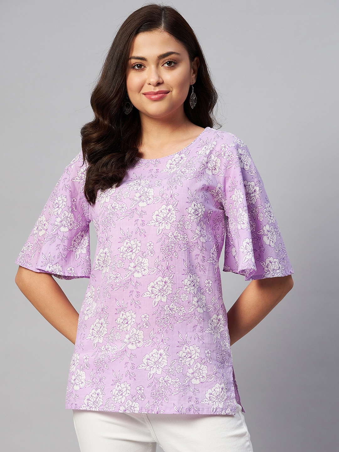 

MIRAVAN Lavender & White Print Flared Sleeves Longline Top