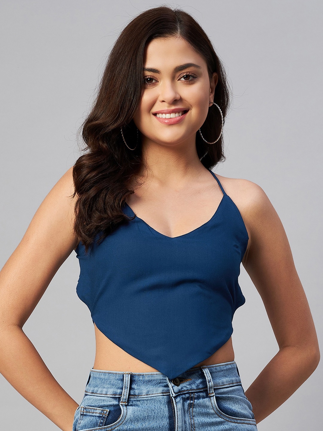 

MIRAVAN Teal Blue Crop Top With Tie-Ups