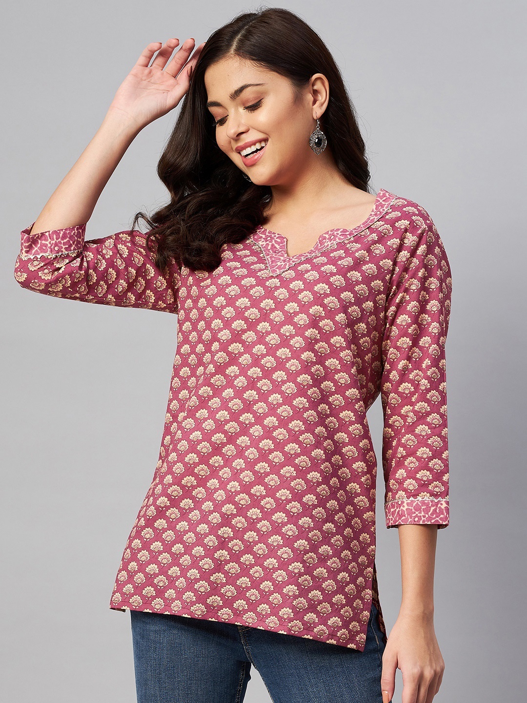 

MIRAVAN Pink Print Cotton Longline Top