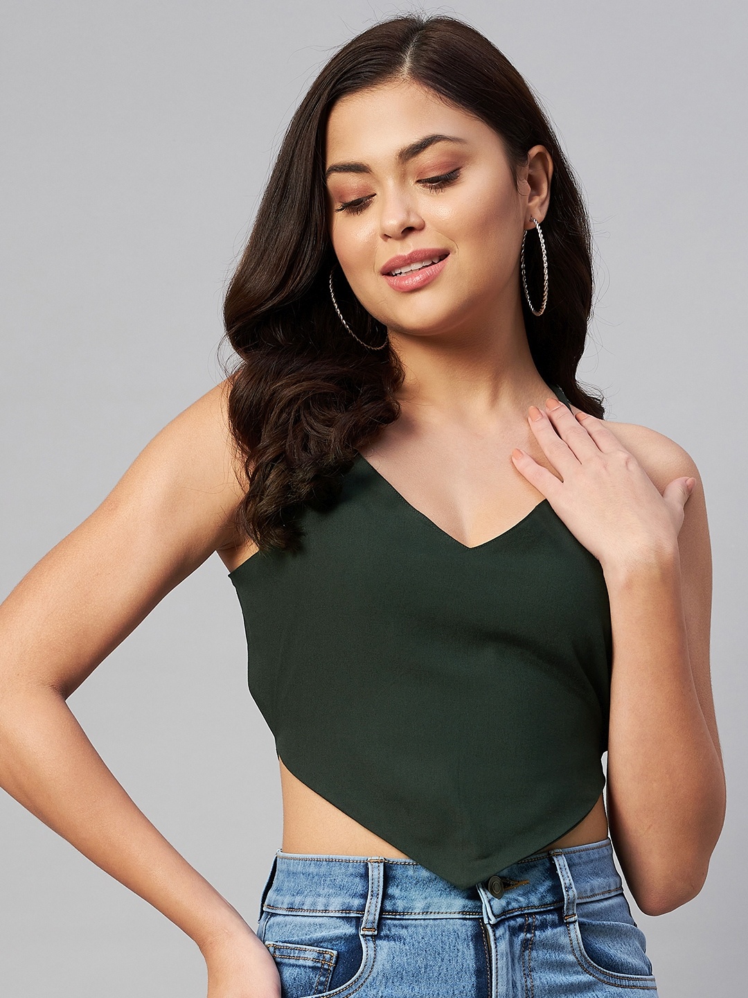 

MIRAVAN Green Crop Top With Tie-Ups