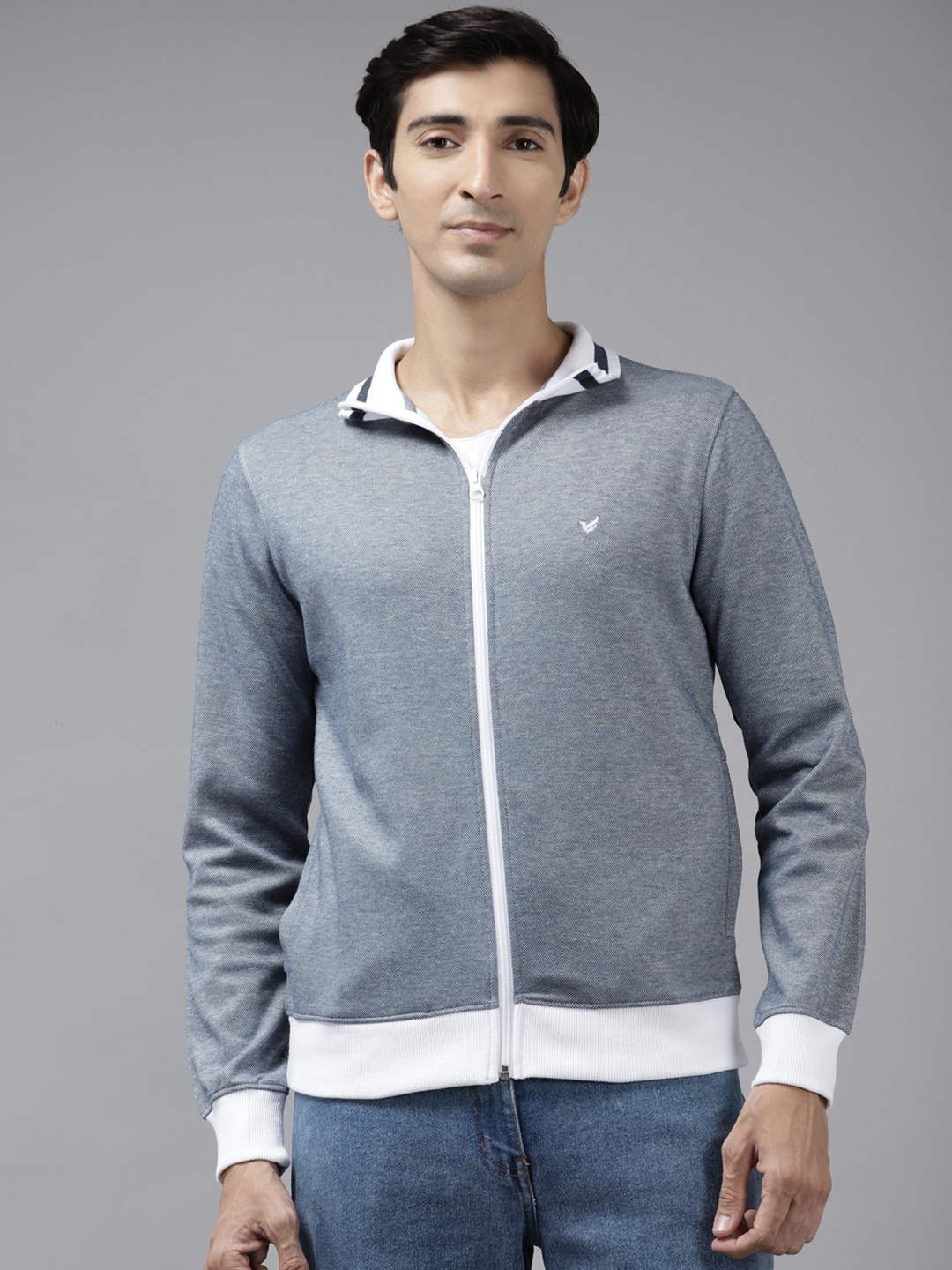 

Blackberrys Men White & Navy Blue Self Design Mock Collar Front Open Sweatshirt