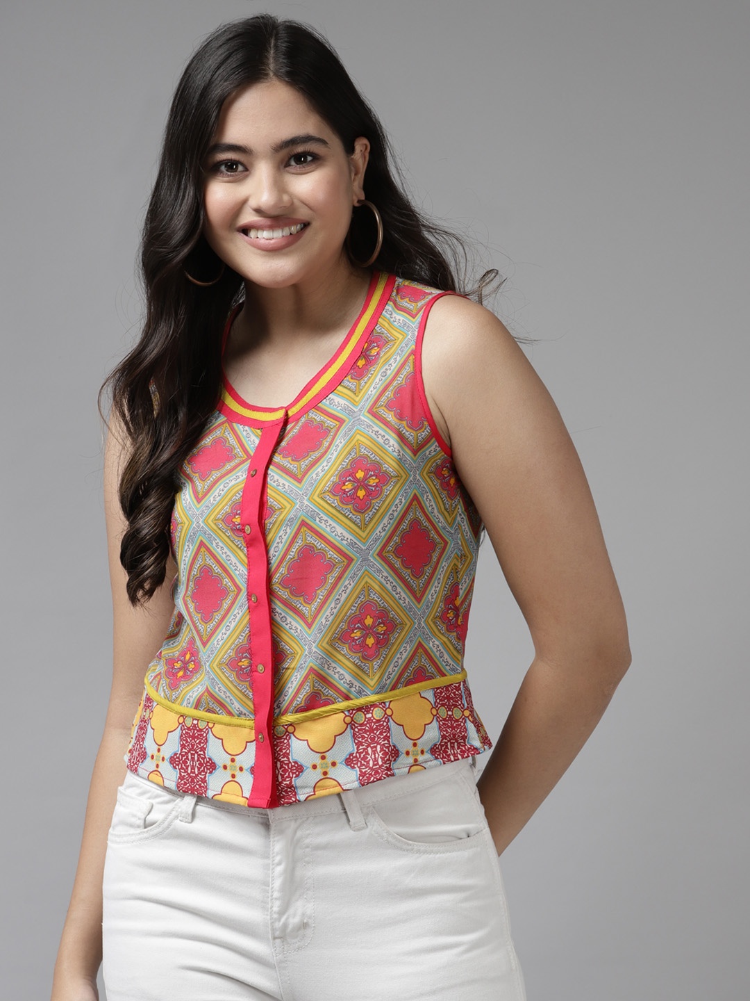 

Aarika Pink & Mustard Yellow Ethnic Print Round Neck Top