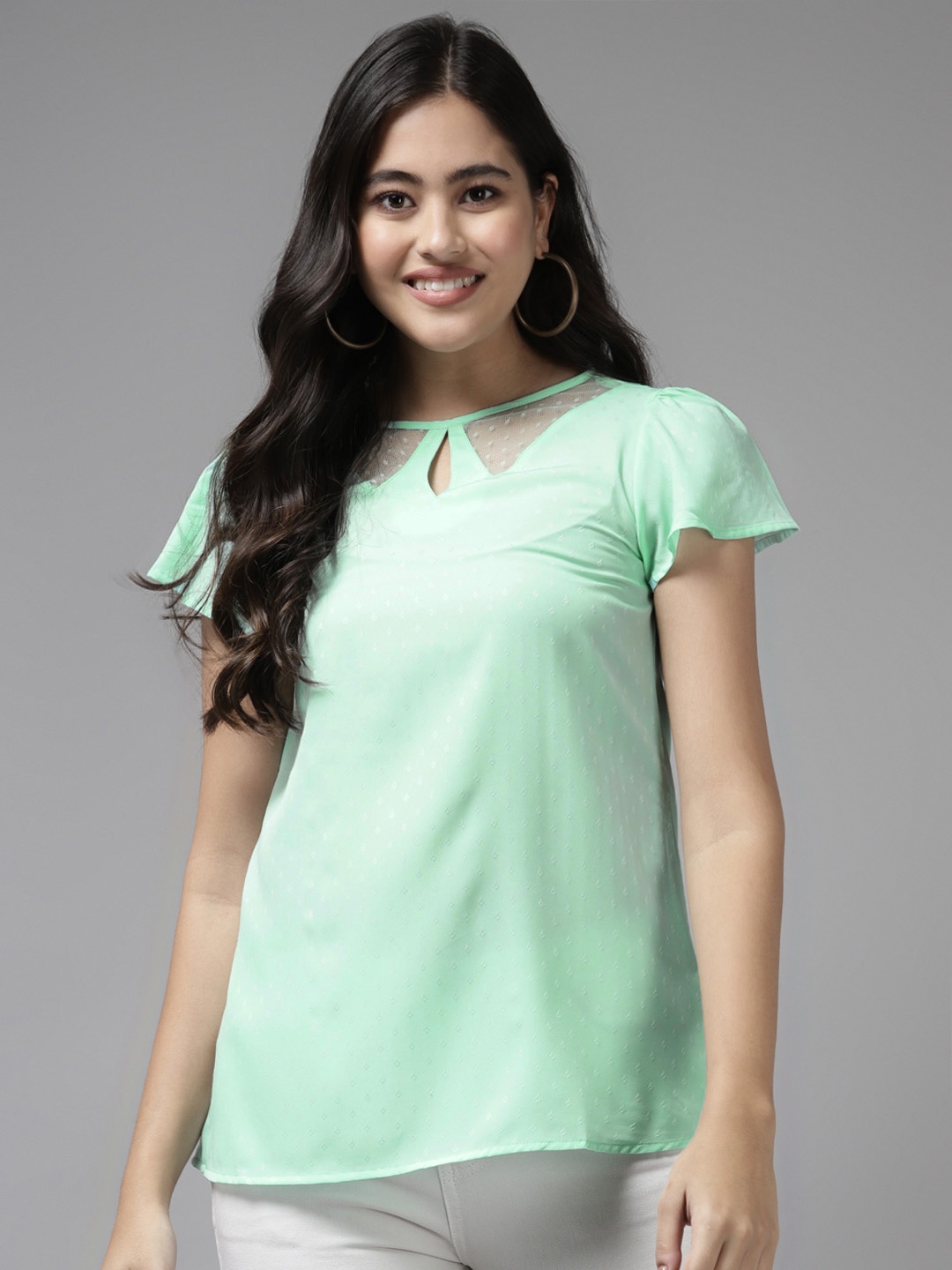 

Aarika Sea Green Keyhole Neck Georgette Top