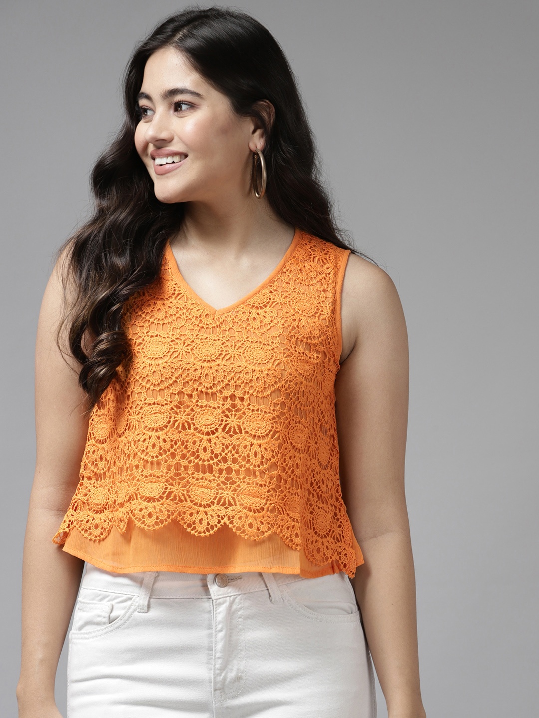 

Aarika Orange Lace Detail V-Neck Top